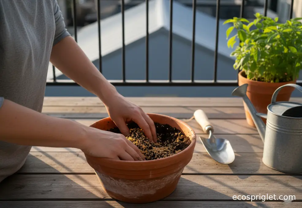 A terracotta pot shows moist potting mix with visible vermiculite flakes on a small wooden terrace table.