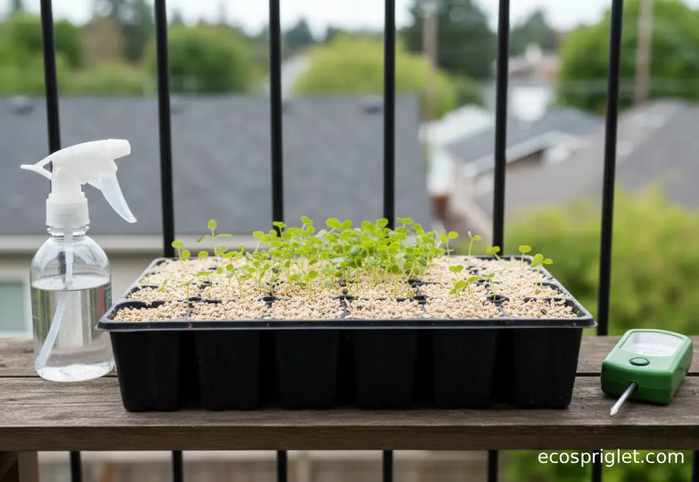 A tray of young herb seedlings grows in a vermiculite-topped seed mix on a Portland balcony shelf.