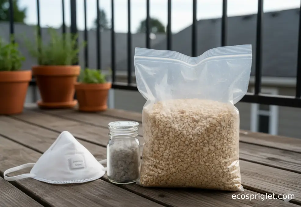 A sealed bag of horticultural vermiculite sits separate from an old attic-insulation sample jar on a terrace table.