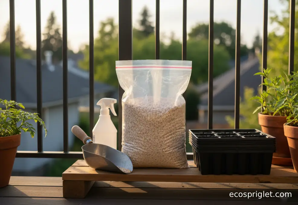 A resealable bag of horticultural vermiculite is stored beside seed trays and a scoop on a terrace shelf.