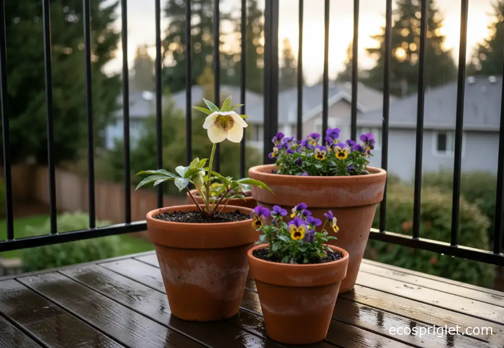 Terracotta pots with hellebore and winter pansies on a damp balcony deck near a black metal railing.