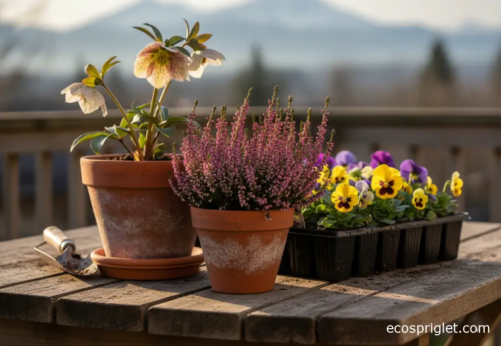 Hellebore and winter heather in terracotta pots with pansies waiting to be planted on a balcony table.