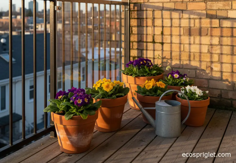 Winter flower pots clustered against a building wall with a simple balcony windbreak and a watering can.