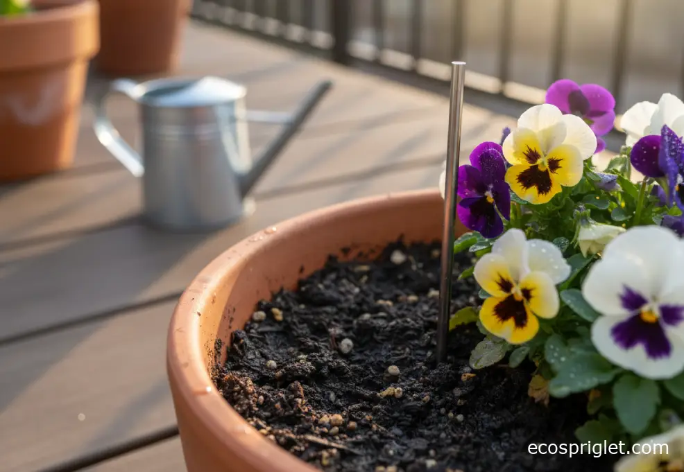 Moisture meter checking damp potting mix next to winter pansies in a terracotta pot on a balcony.