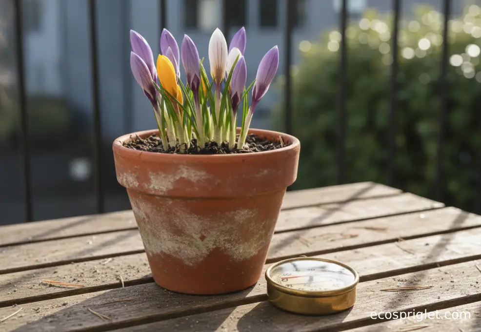 Closed crocus buds in a terracotta pot next to a small thermometer on a balcony table.