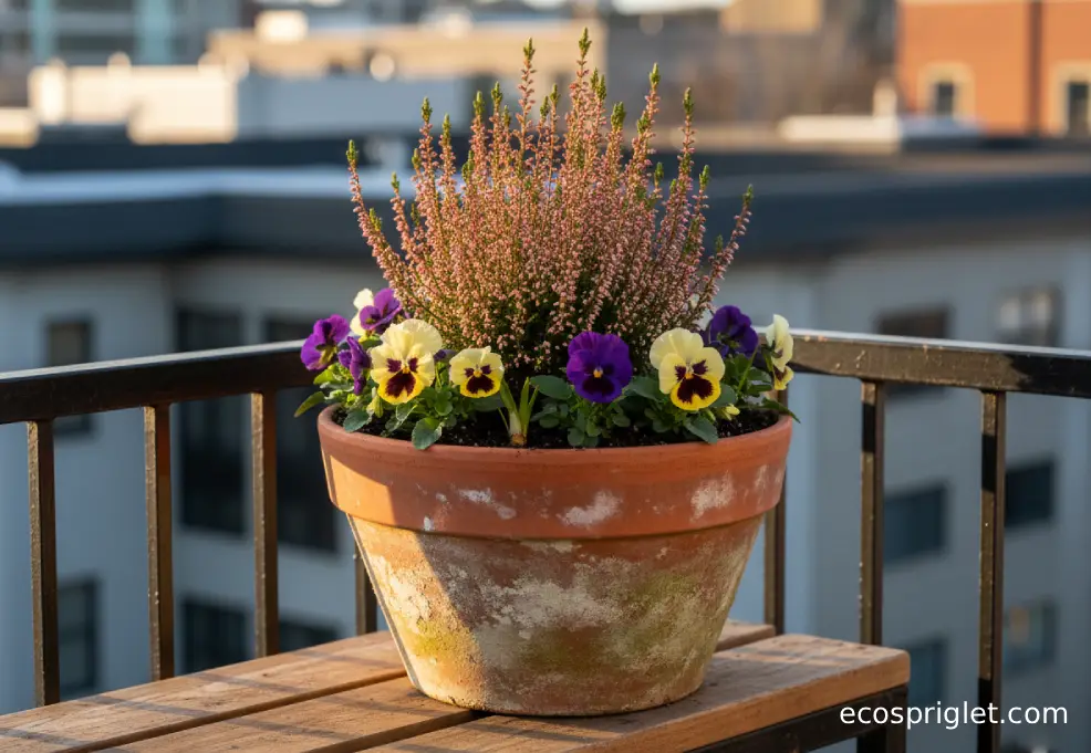 Terracotta winter container with winter heather, pansies, and emerging crocus shoots on a balcony shelf.