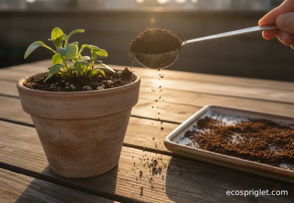 Measured compost top-dress on a small potted plant with coffee grounds drying on a tray nearby.