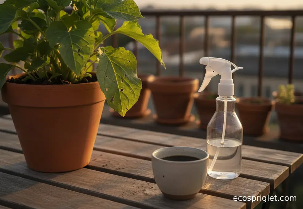 Diluted brewed coffee and a spray bottle beside a potted leafy plant on a terrace.