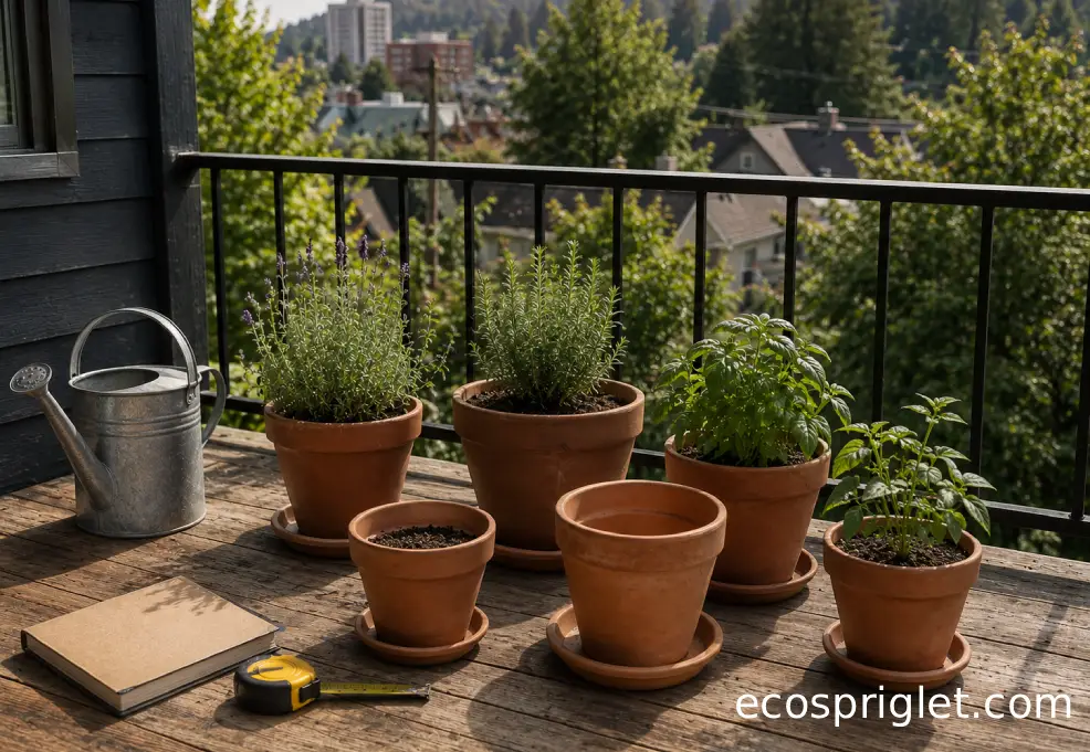 Terracotta pots arranged on a small Portland terrace to compare sunny and shaded balcony spots.
