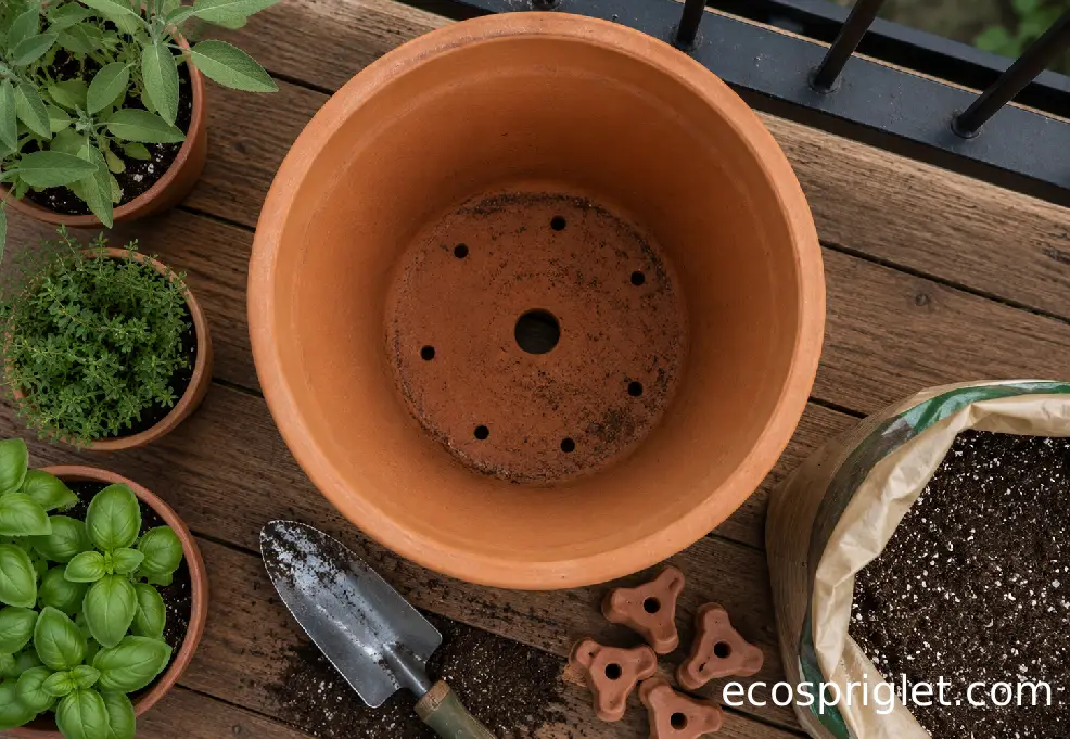 A 5-gallon terracotta-style container beside smaller herb pots on a wooden balcony deck.