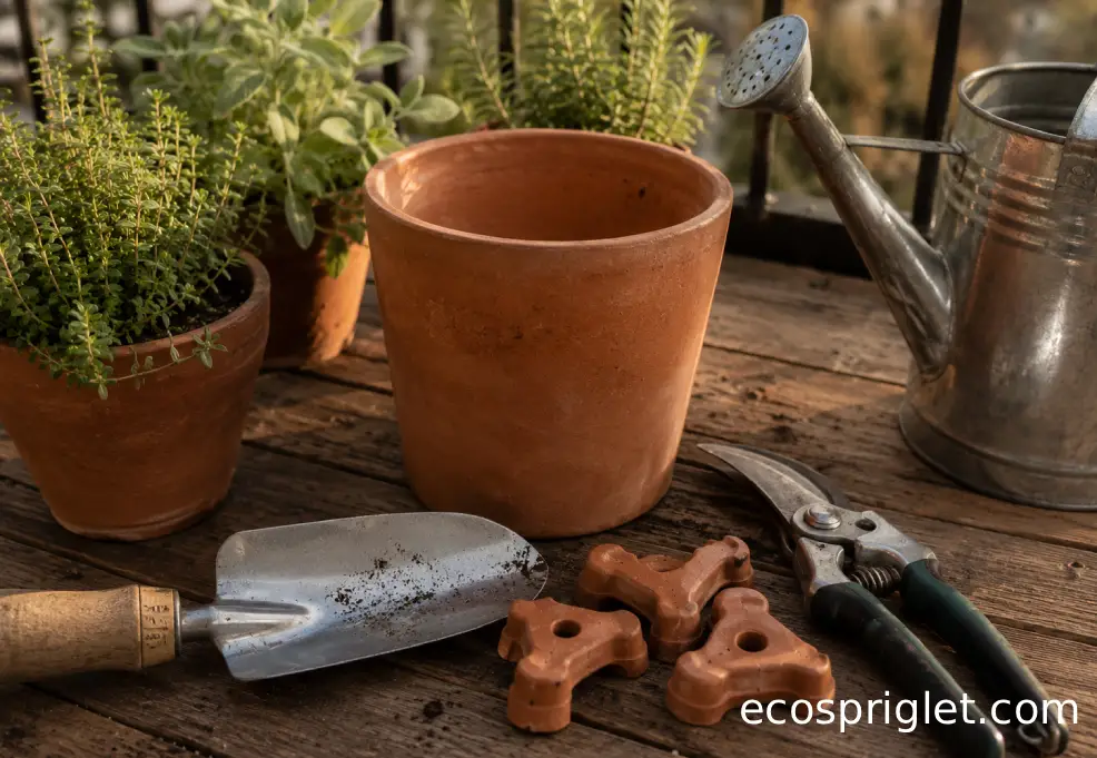 A compact container gardening supplies kit with trowel, gloves, pot feet, and watering can on wooden decking.
