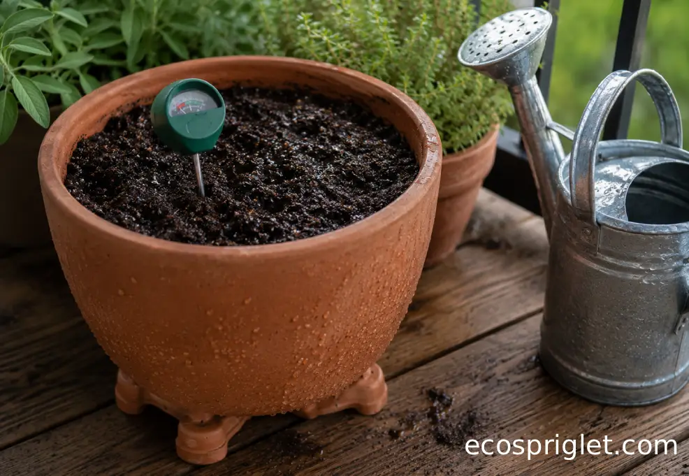 Moist potting mix being checked in a terracotta container with drainage holes raised on pot feet.