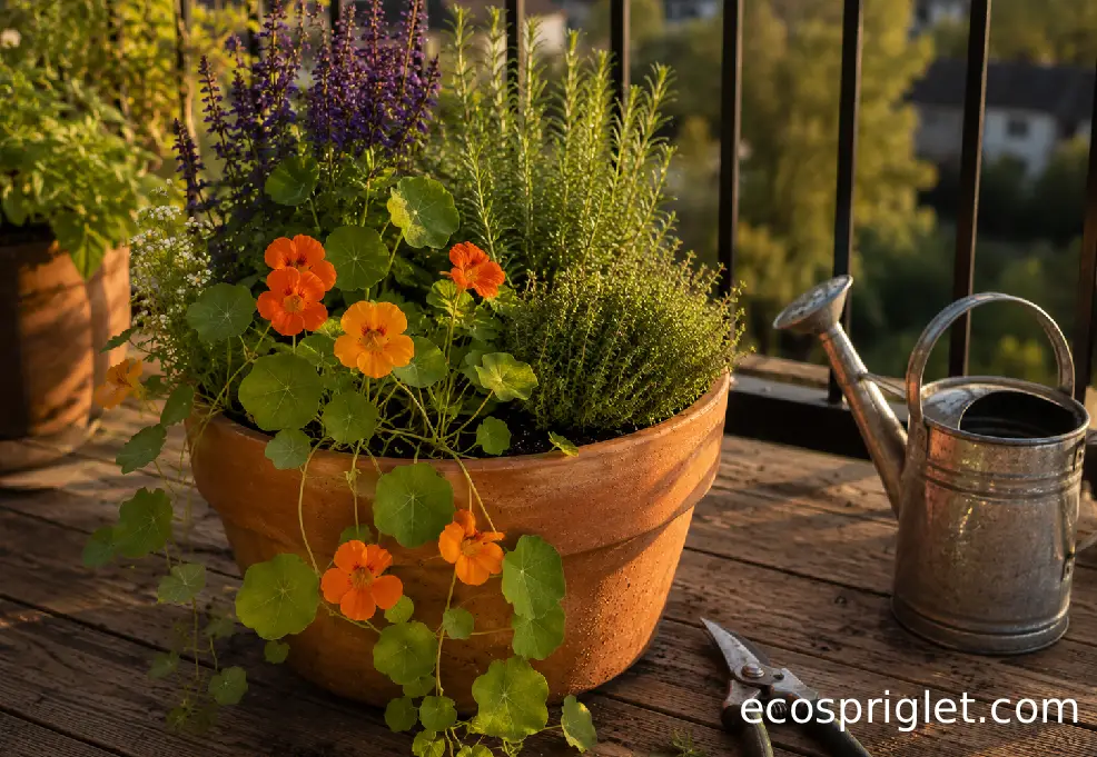 A balanced container garden with upright flowers, mounding herbs, and trailing nasturtiums in a terracotta pot.