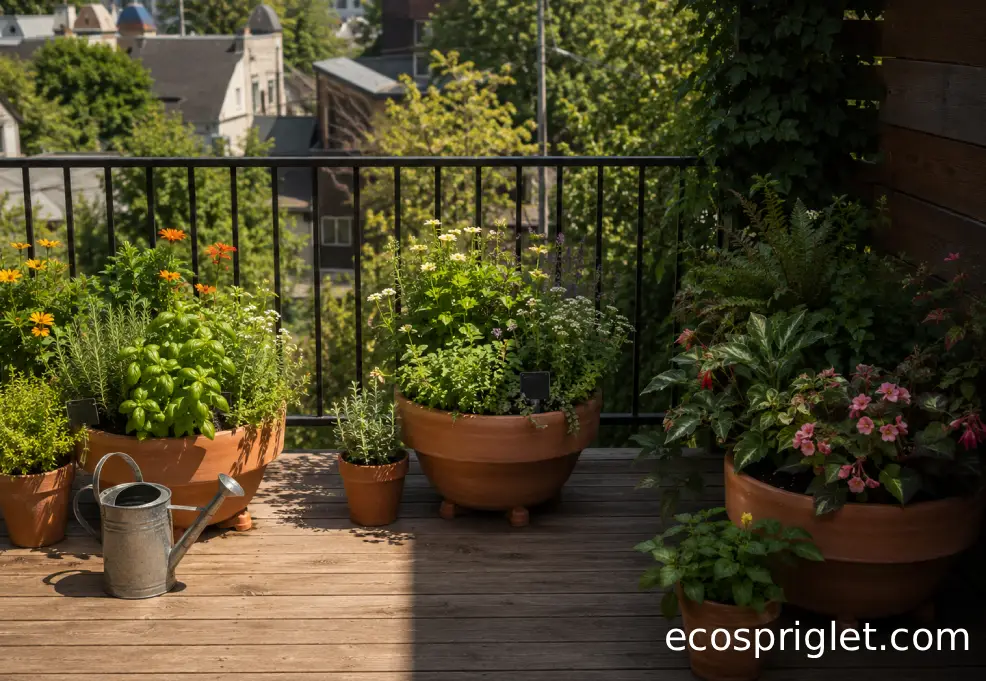 Three terracotta container gardens grouped by full sun, partial sun, and shade plant choices on a balcony.