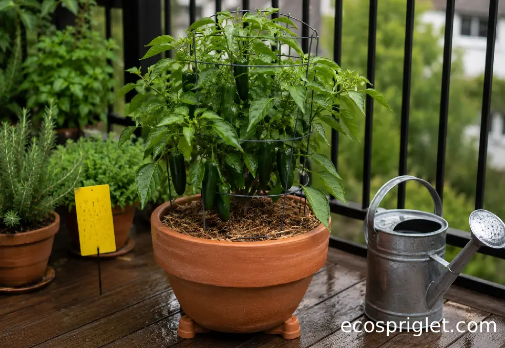 A healthy balcony pepper plant supported by a small cage with mulch on the potting mix surface.