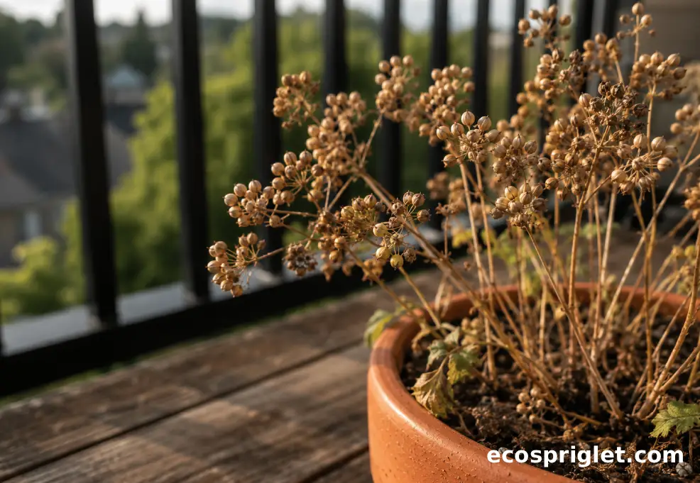 Brown coriander seed heads dry on a cilantro plant in a terracotta pot on a small terrace.