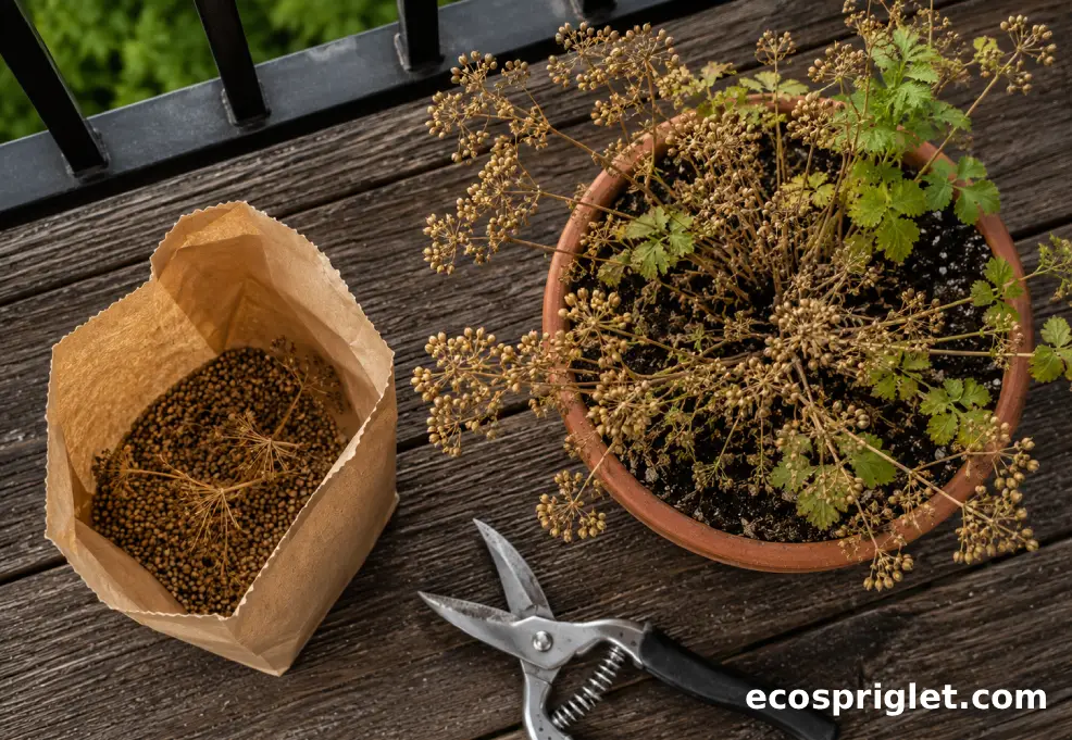 A paper bag and pruning snips sit beside a potted cilantro plant ready for coriander seed harvest.