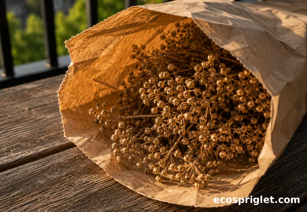 Cut coriander seed heads rest inside a brown paper bag on a wooden terrace table.