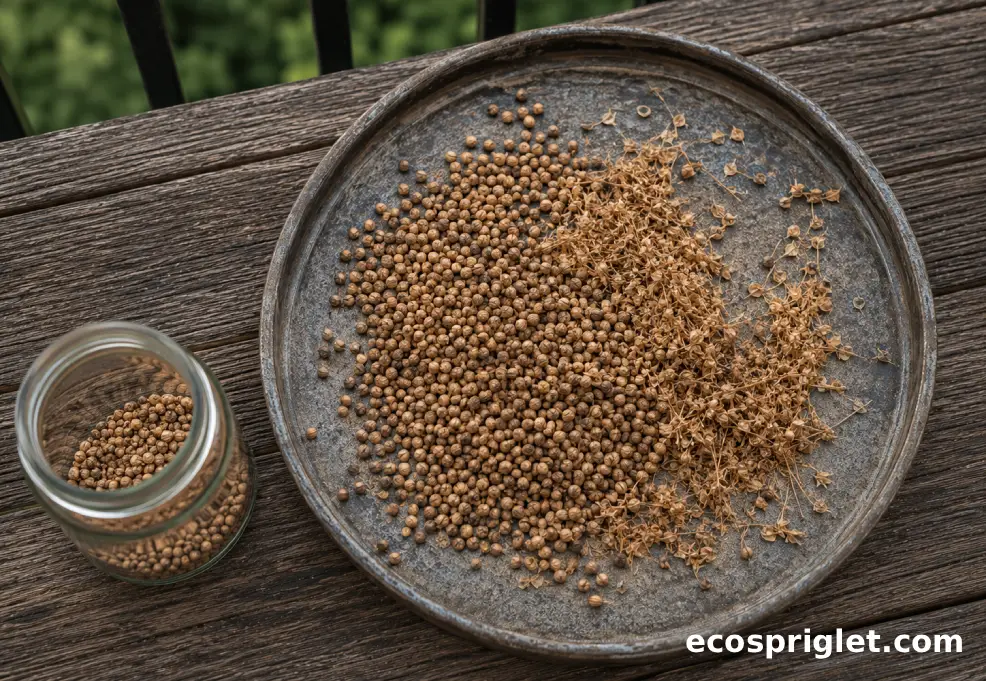 Coriander seeds and dry chaff are spread on a tray for sorting before storage.