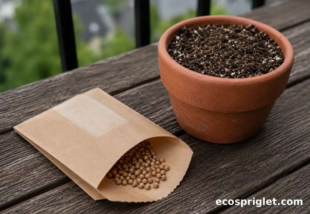 A paper envelope of coriander seeds sits beside a terracotta pot prepared for replanting.