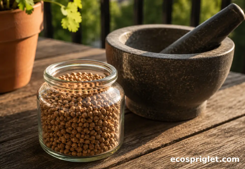 Dried coriander seeds sit in a small glass jar beside a mortar and pestle on a balcony table.