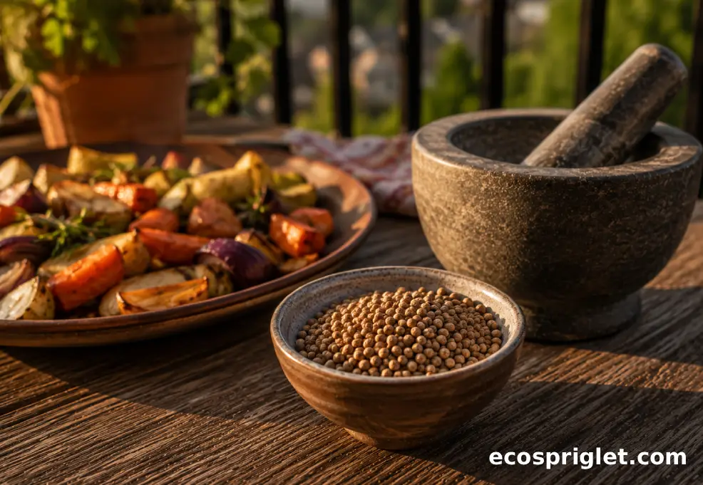 Whole coriander seeds sit in a bowl beside roasted vegetables and a mortar on a terrace table.