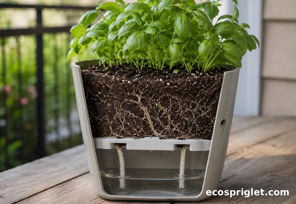 A DIY self watering planter shows potting mix above a hidden water reservoir