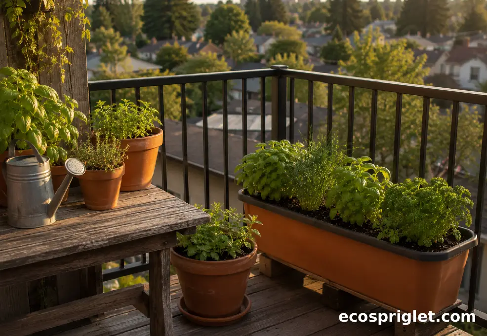 Self-watering herb pots and a narrow planter box are arranged on a compact balcony in golden-hour light.