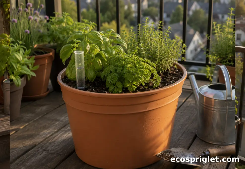 A finished DIY self watering planter with herbs, fill tube, and overflow hole sits on a balcony deck.
