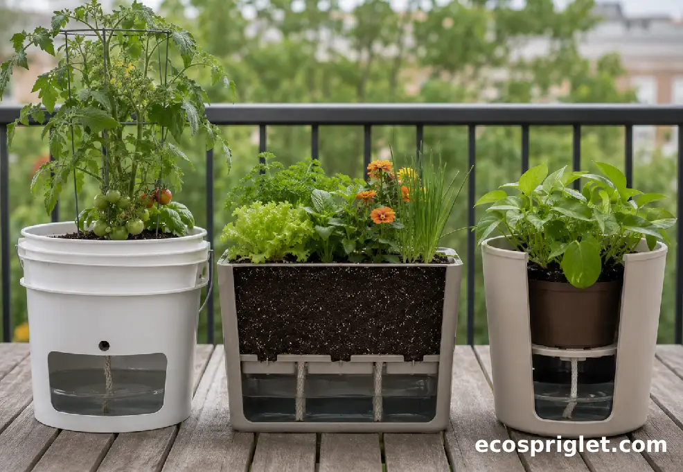 Three DIY self watering planter options sit on a wooden balcony deck for comparison.