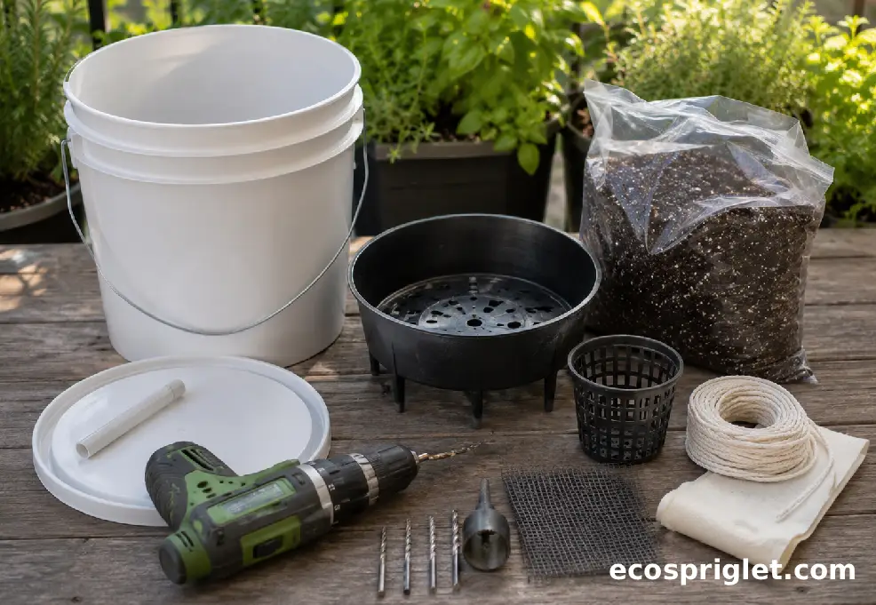 Food-grade bucket, lid, tube, wick, and drill are arranged for building a DIY self watering planter.