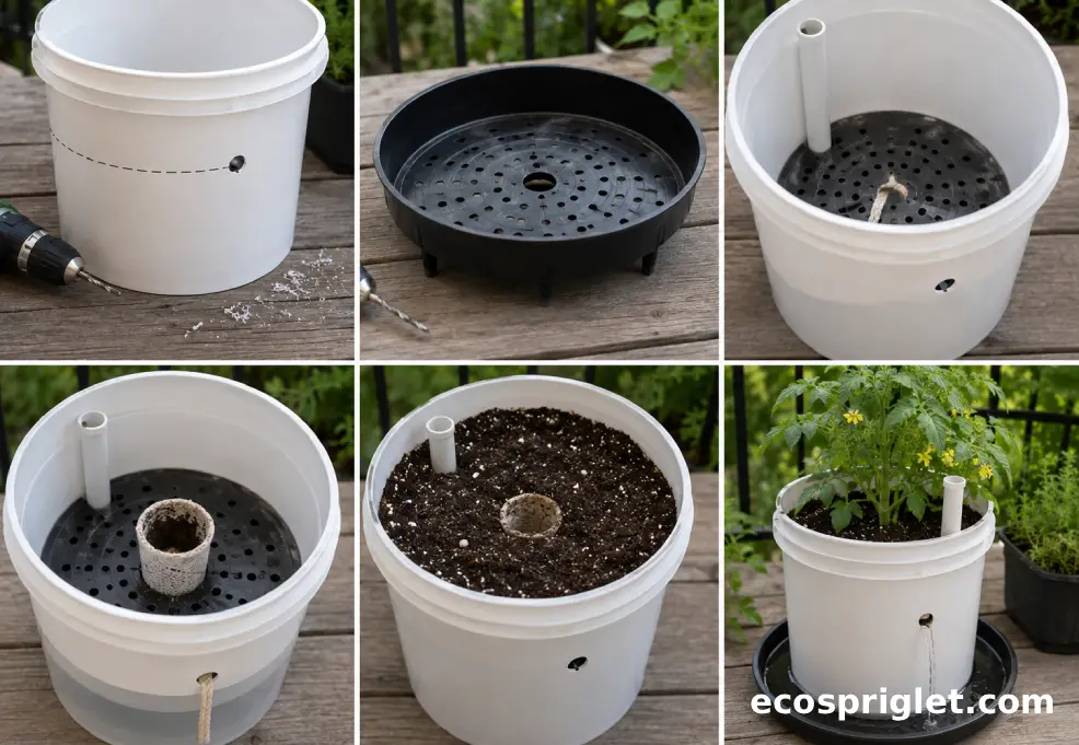 A DIY self watering bucket planter is partly assembled with a drilled separator and fill tube.