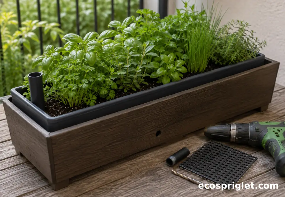 A cedar planter box is prepared with a false bottom and wick for a self-watering balcony container.
