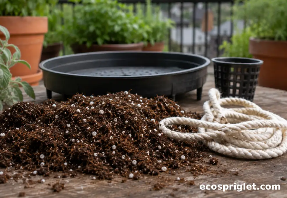 Airy potting mix, cotton wick, and reservoir pieces are shown for a DIY self watering planter setup.