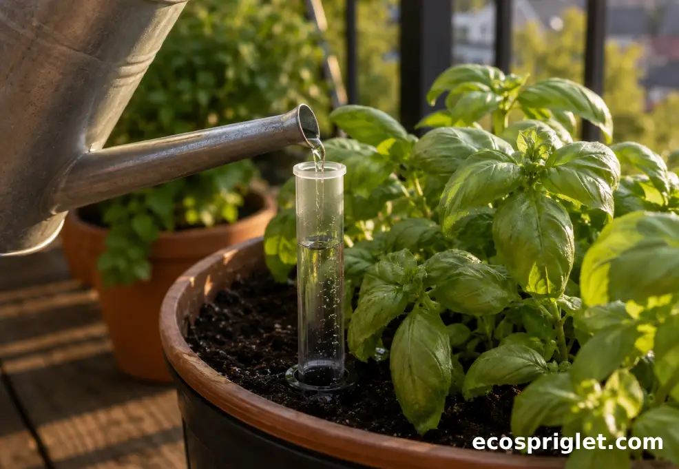 A watering can fills the tube of a self watering herb planter on a small balcony.