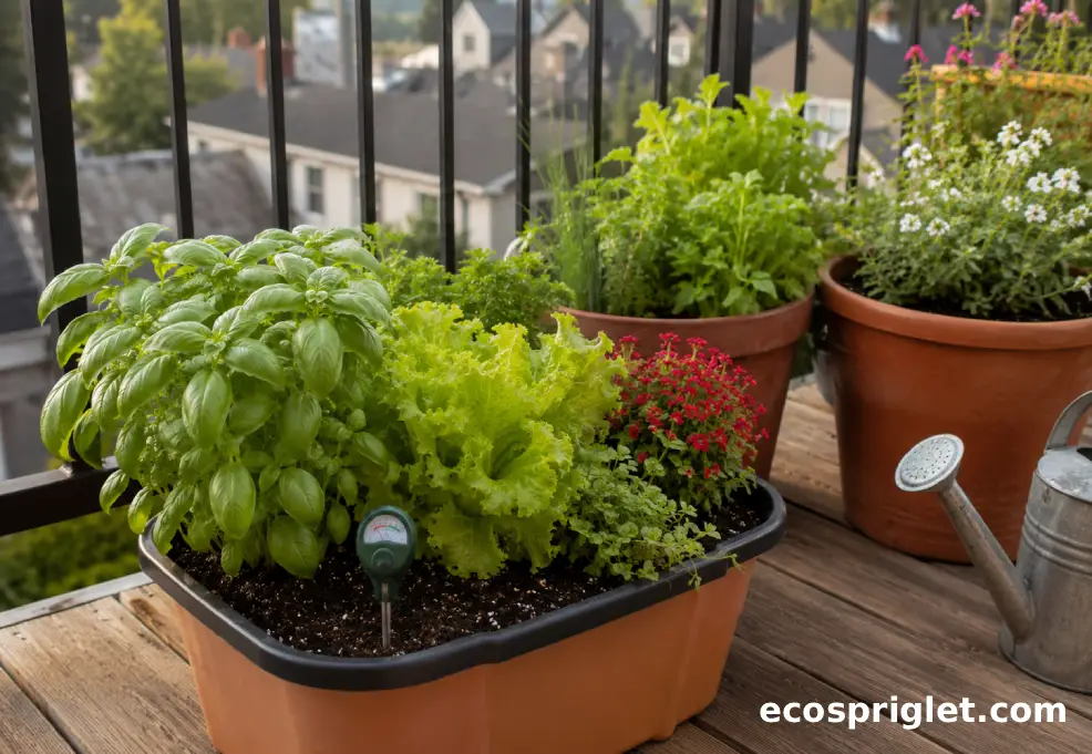 Basil, lettuce, and compact flowers grow in DIY self-watering plant pots on a small terrace.