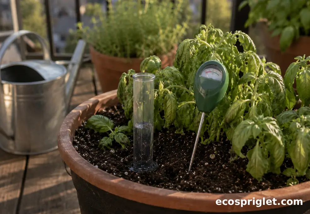 A wilted basil plant in a self watering planter is checked with a moisture meter on a balcony.