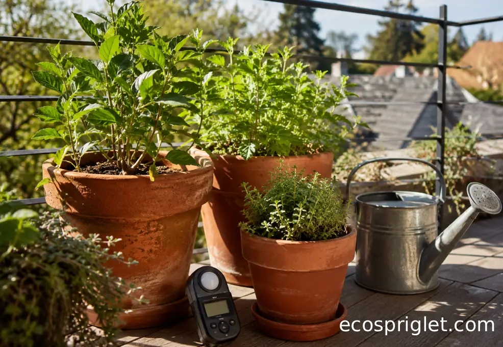 Terracotta pots sit in direct sun on a small Portland terrace with a light meter and watering can nearby.