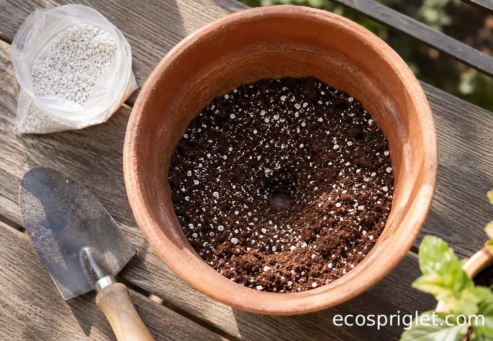 A terracotta pot is filled with fluffy potting mix on a sunny wooden balcony deck.