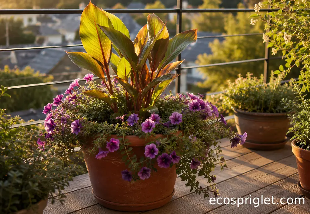 Upright canna leaves and trailing petunias grow together in a sunny terracotta balcony container.