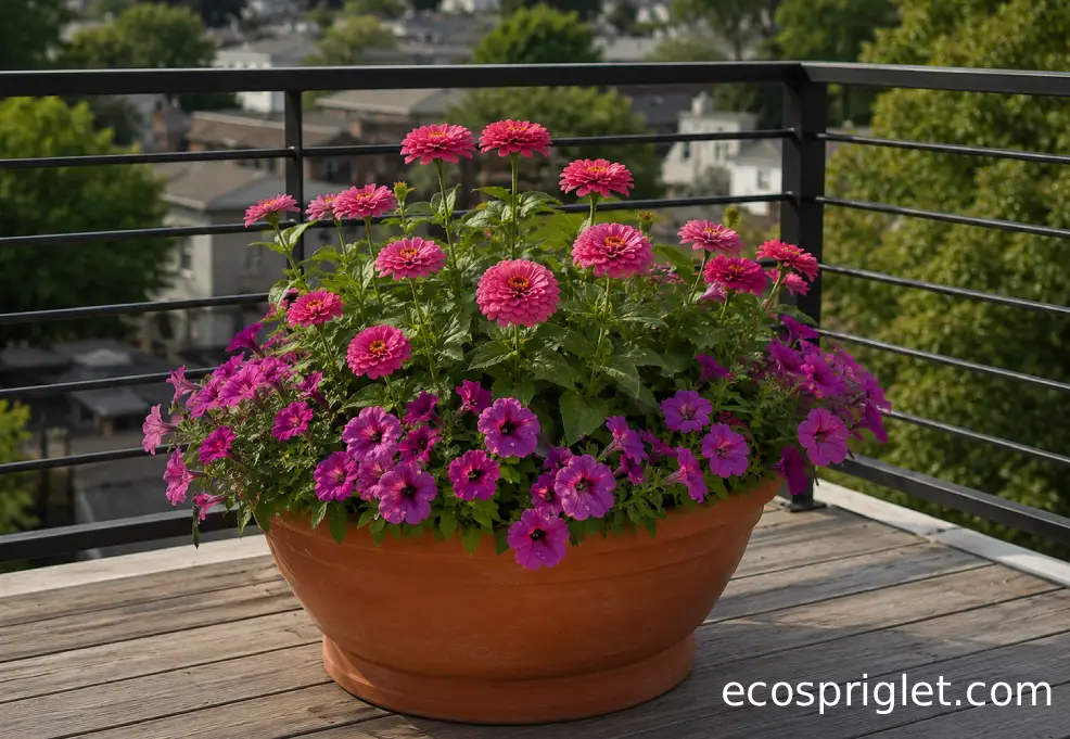 A wide sunny planter with petunias and zinnias sits safely back from a black balcony railing.