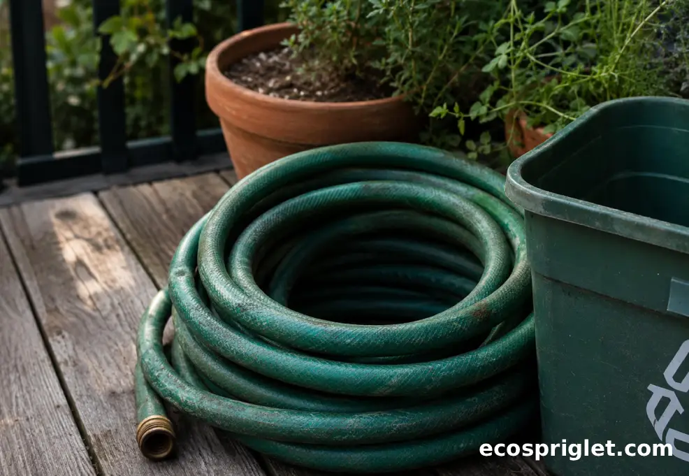 An old coiled garden hose beside a recycling bin on a small Portland terrace, showing why hoses do not belong in curbside recycling.