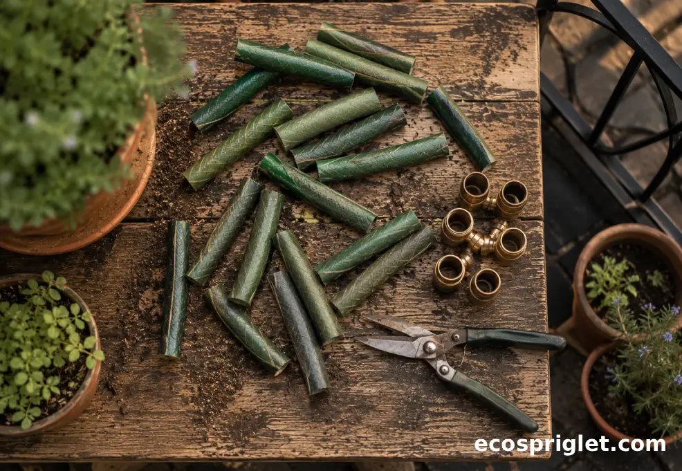 A worn garden hose cut into short sections with metal fittings nearby on a small wooden terrace table.
