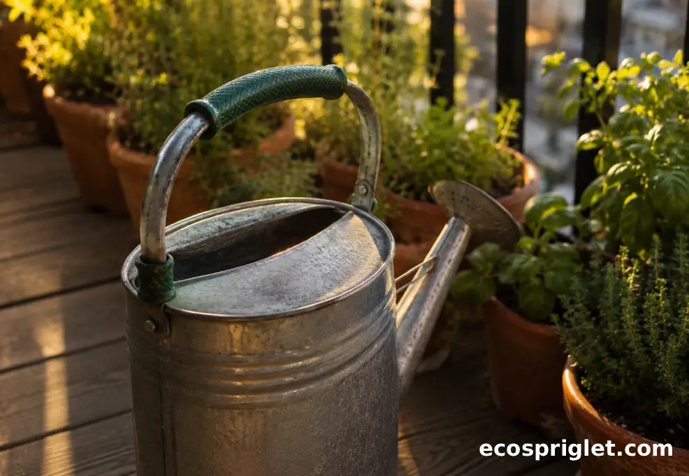 Short sections of old hose reused as soft handle grips beside a watering can and terracotta pots on a balcony terrace.