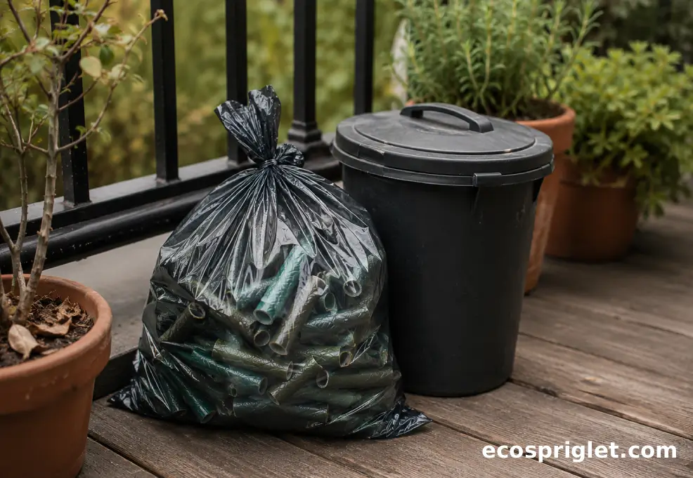 A tied bag holding short pieces of old garden hose next to a small trash bin on a tidy apartment terrace.