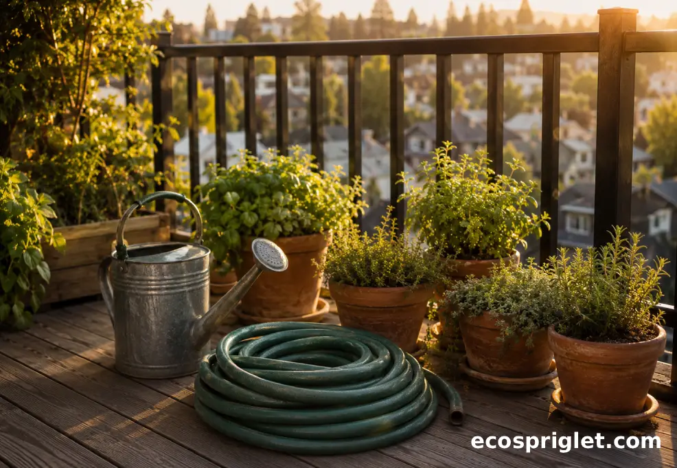 A neatly coiled durable garden hose beside a watering can and terracotta herb pots on a small Portland balcony.