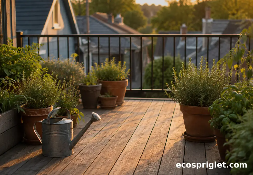 A tidy small terrace garden with a watering can, terracotta pots, and no old hose clutter.