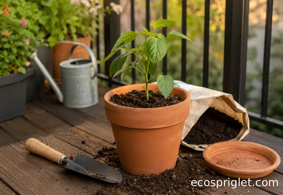 A young bell pepper plant sits in a terracotta pot on a small Portland terrace with potting mix and a hand trowel nearby.
