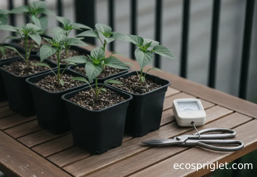 Compact pepper transplants in nursery pots sit on a wooden terrace table with pruning shears and a moisture meter.