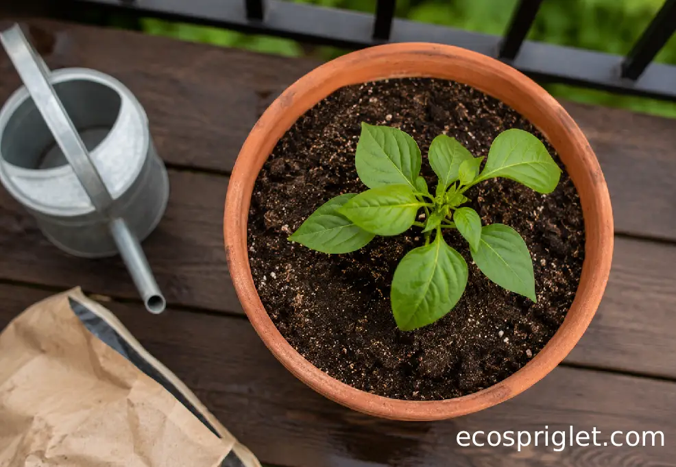 A newly planted bell pepper transplant grows in moist potting mix inside a terracotta container on a wooden balcony.